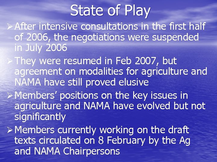 State of Play Ø After intensive consultations in the first half of 2006, the