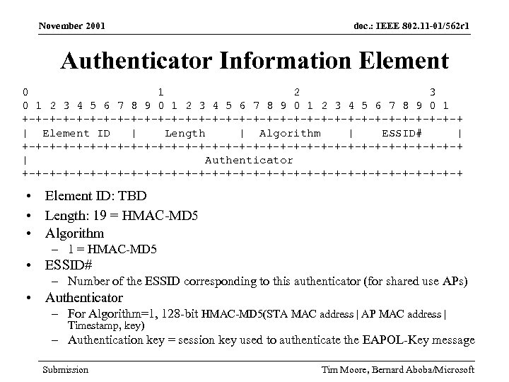 November 2001 doc. : IEEE 802. 11 -01/562 r 1 Authenticator Information Element 0