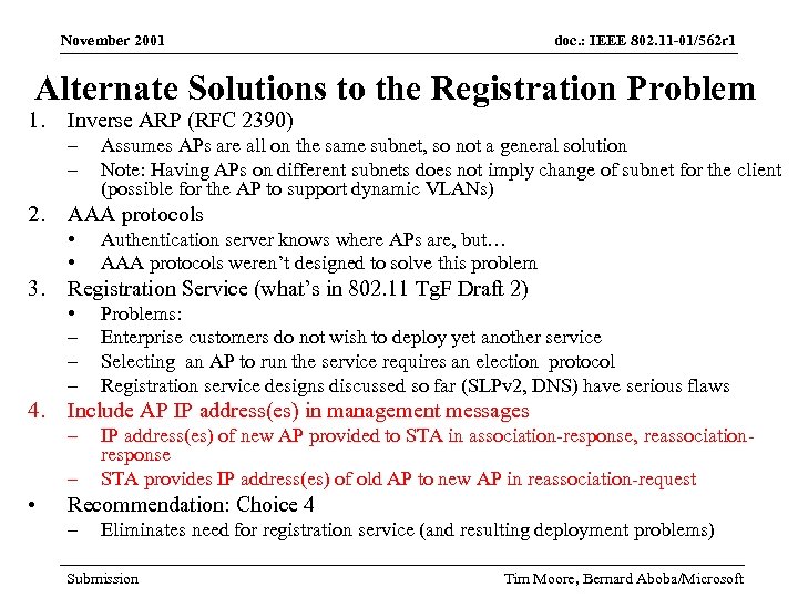 November 2001 doc. : IEEE 802. 11 -01/562 r 1 Alternate Solutions to the