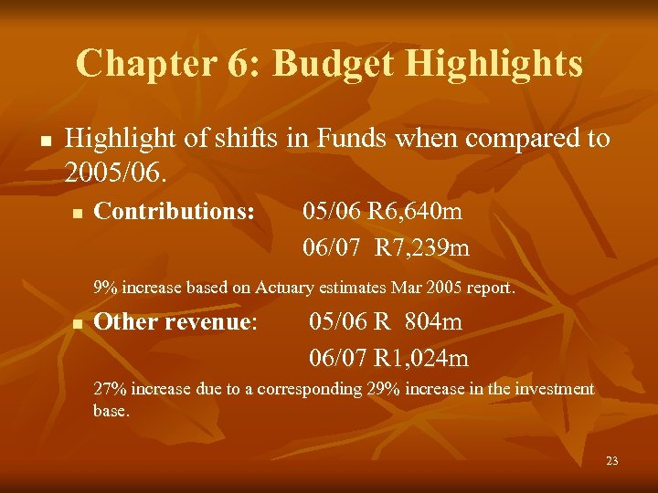 Chapter 6: Budget Highlights n Highlight of shifts in Funds when compared to 2005/06.