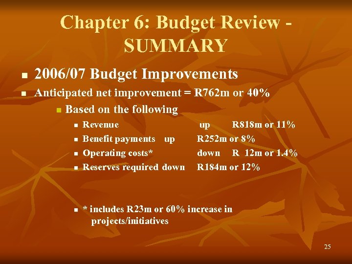 Chapter 6: Budget Review SUMMARY n n 2006/07 Budget Improvements Anticipated net improvement =