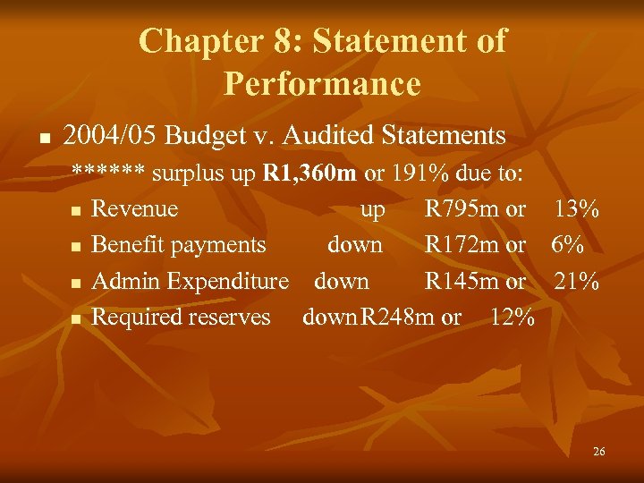 Chapter 8: Statement of Performance n 2004/05 Budget v. Audited Statements ****** surplus up