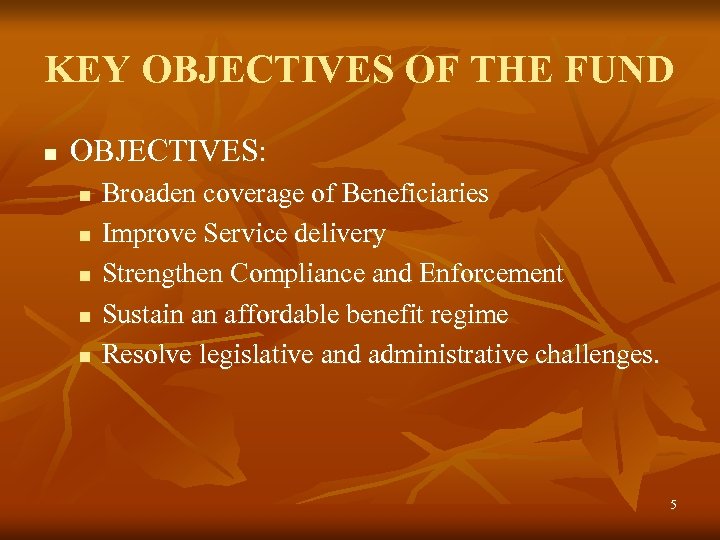 KEY OBJECTIVES OF THE FUND n OBJECTIVES: n n n Broaden coverage of Beneficiaries