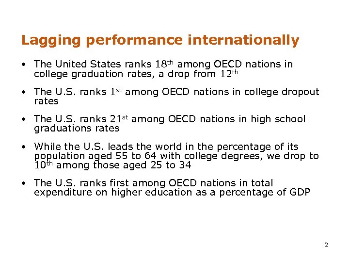Lagging performance internationally • The United States ranks 18 th among OECD nations in