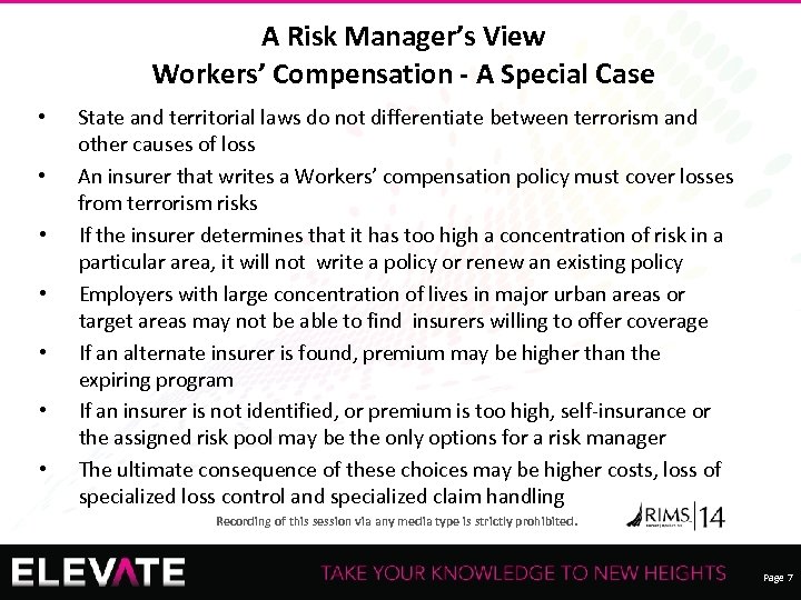 A Risk Manager’s View Workers’ Compensation - A Special Case • • State and