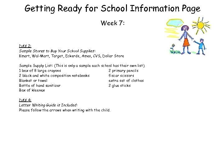 Getting Ready for School Information Page Week 7: DAY 2: Sample Stores to Buy