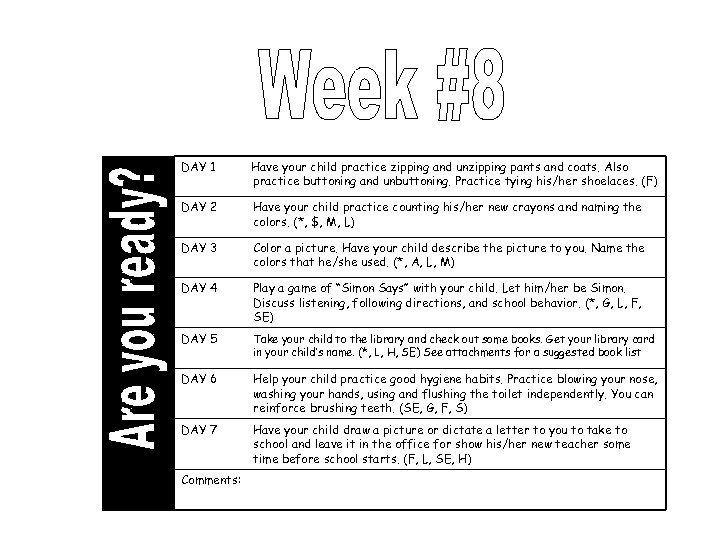 DAY 1 Have your child practice zipping and unzipping pants and coats. Also practice