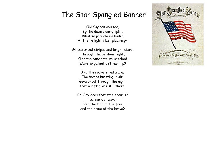 The Star Spangled Banner Oh! Say can you see, By the dawn’s early light,