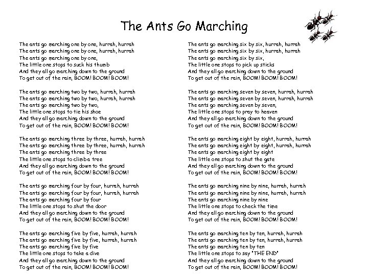 The Ants Go Marching The ants go marching one by one, hurrah, hurrah The