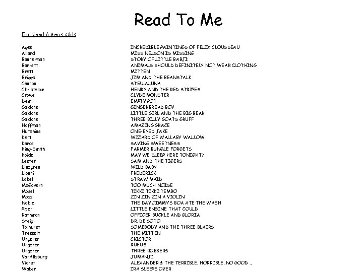 Read To Me For 5 and 6 Years Olds Agee Allard Bannerman Barrett Briggs
