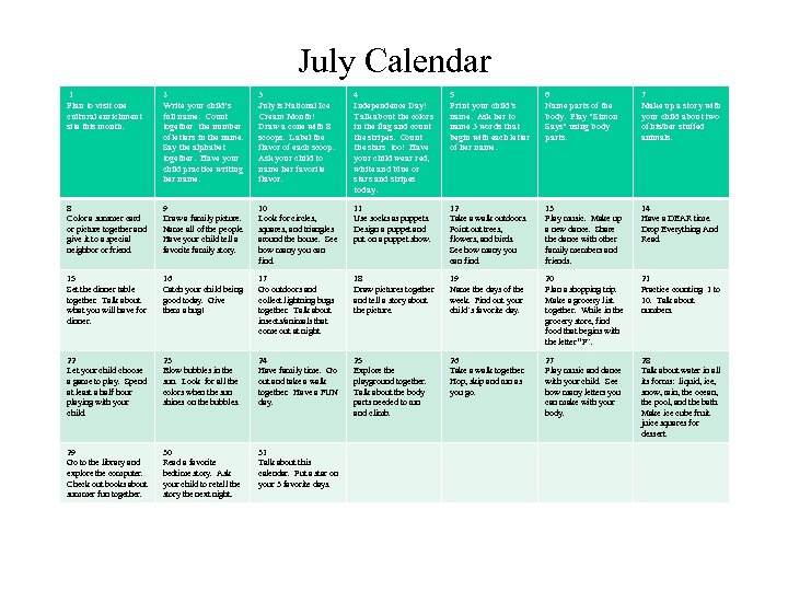 July Calendar 1 Plan to visit one cultural enrichment site this month. 2 Write