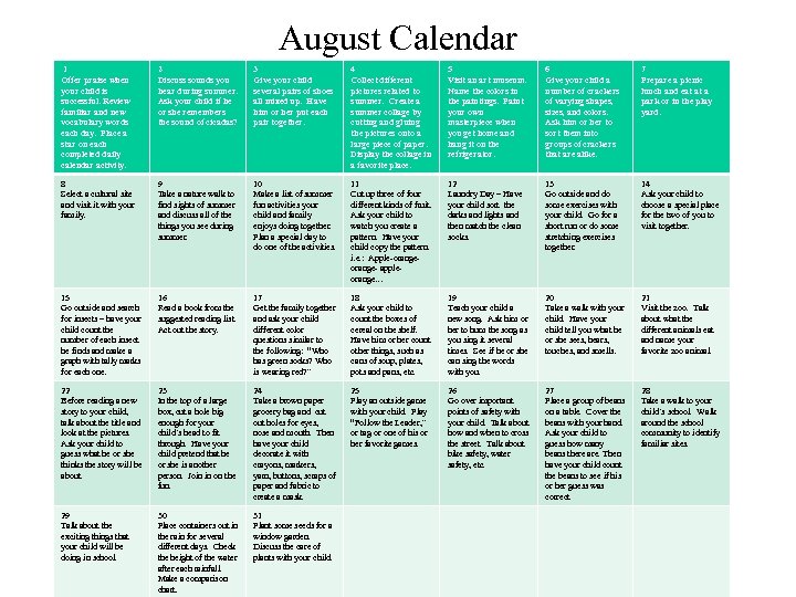 August Calendar 1 Offer praise when your child is successful. Review familiar and new
