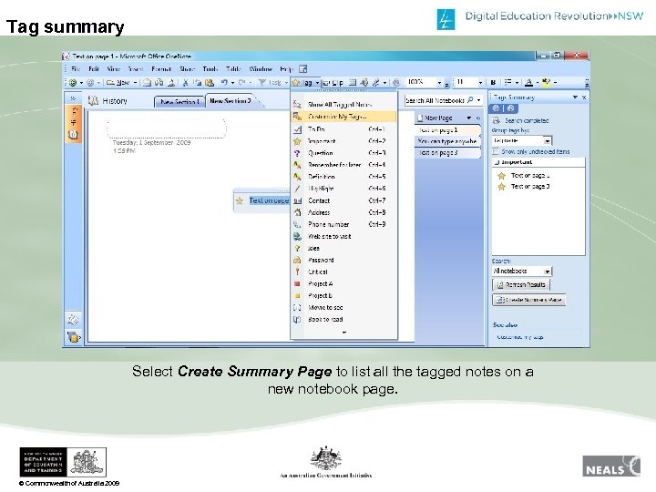 Tag summary Select Create Summary Page to list all the tagged notes on a