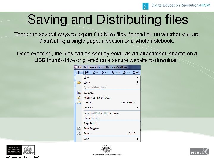 Saving and Distributing files There are several ways to export One. Note files depending