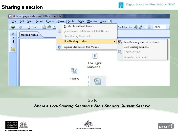 Sharing a section Go to Share > Live Sharing Session > Start Sharing Current