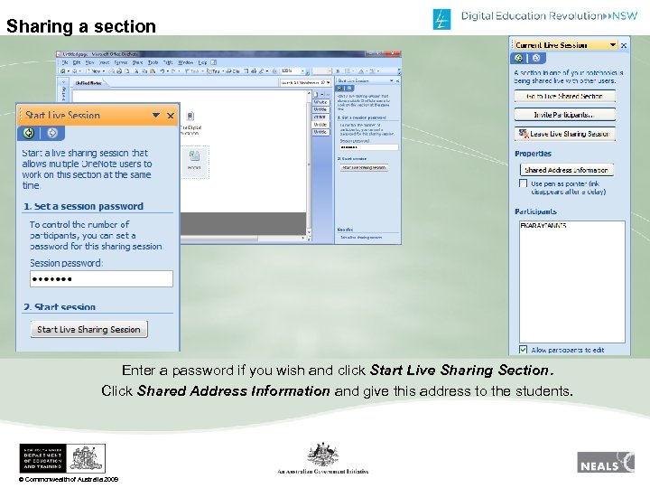 Sharing a section Enter a password if you wish and click Start Live Sharing