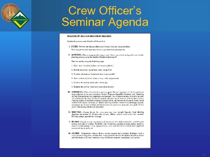 Crew Officer’s Seminar Agenda 38 