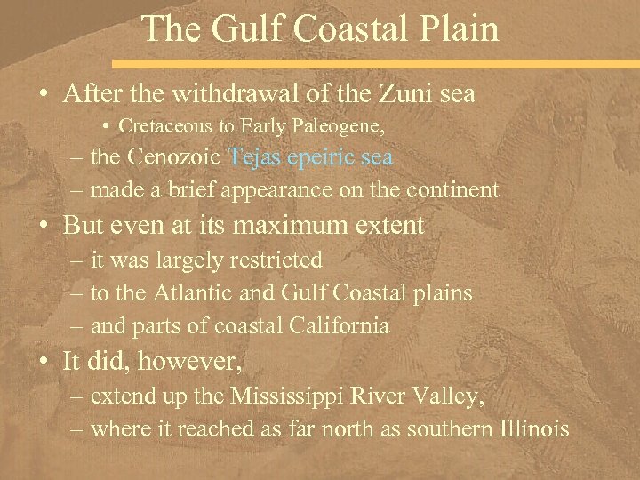 The Gulf Coastal Plain • After the withdrawal of the Zuni sea • Cretaceous