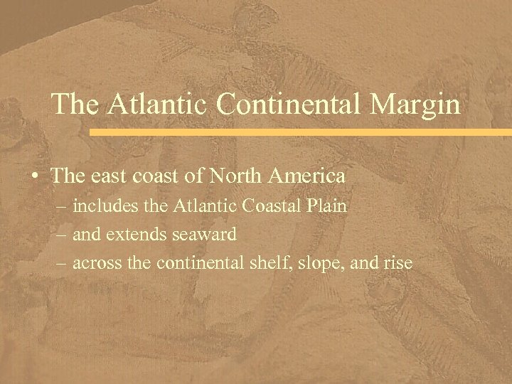 The Atlantic Continental Margin • The east coast of North America – includes the