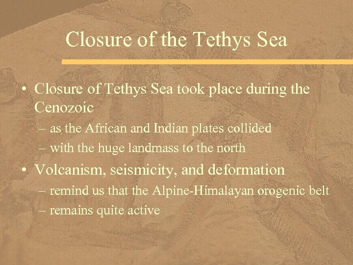Closure of the Tethys Sea • Closure of Tethys Sea took place during the