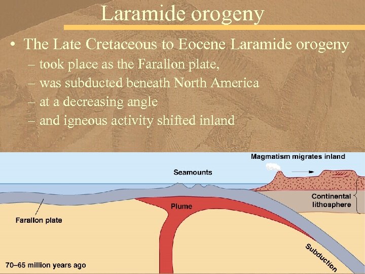 Laramide orogeny • The Late Cretaceous to Eocene Laramide orogeny – took place as