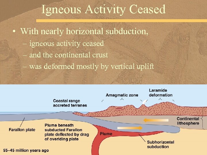 Igneous Activity Ceased • With nearly horizontal subduction, – igneous activity ceased – and