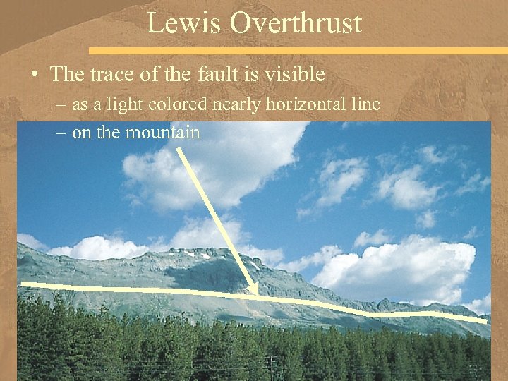 Lewis Overthrust • The trace of the fault is visible – as a light