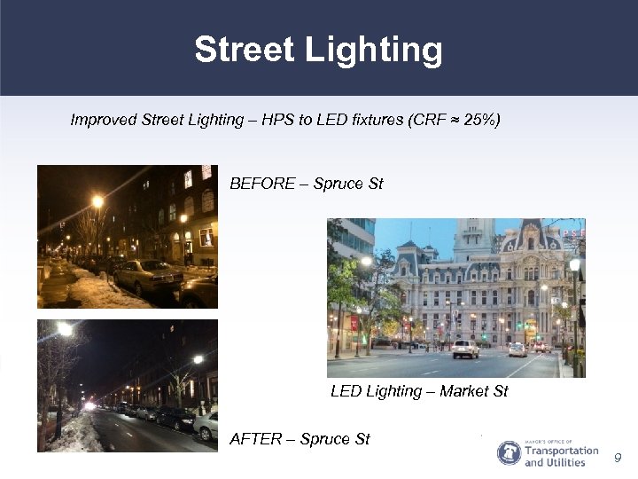 Street Lighting Improved Street Lighting – HPS to LED fixtures (CRF ≈ 25%) BEFORE