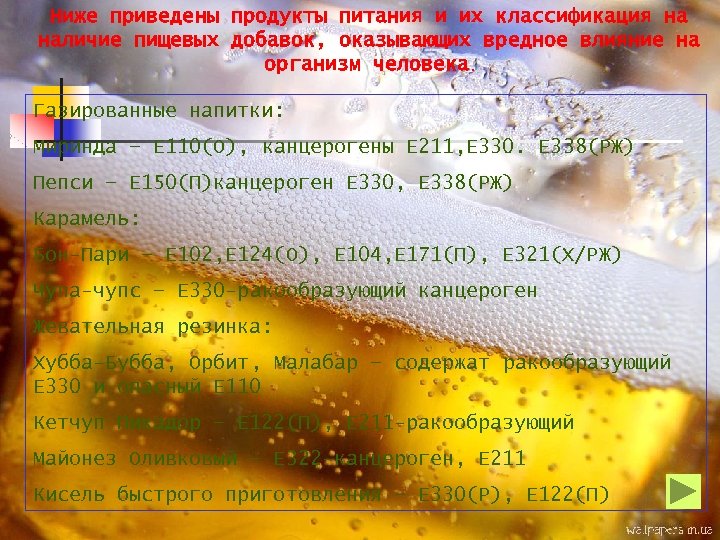 Ниже приведены продукты питания и их классификация на наличие пищевых добавок, оказывающих вредное влияние