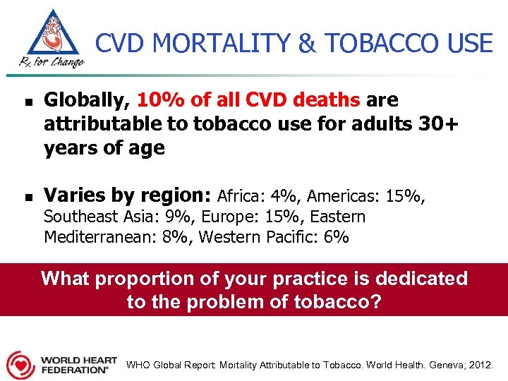 CVD MORTALITY & TOBACCO USE n n Globally, 10% of all CVD deaths are