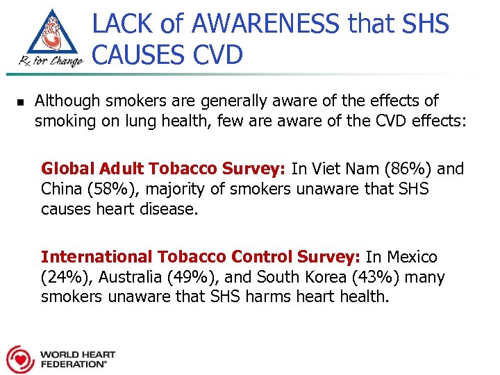 LACK of AWARENESS that SHS CAUSES CVD n Although smokers are generally aware of
