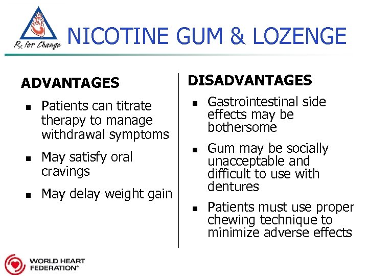 NICOTINE GUM & LOZENGE ADVANTAGES n n n DISADVANTAGES Patients can titrate therapy to