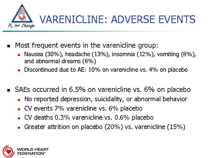 VARENICLINE: ADVERSE EVENTS n Most frequent events in the varenicline group: n n n