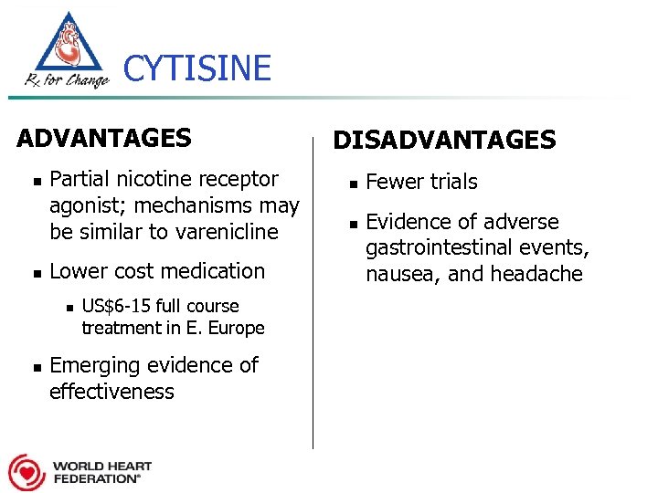 CYTISINE ADVANTAGES n n Partial nicotine receptor agonist; mechanisms may be similar to varenicline