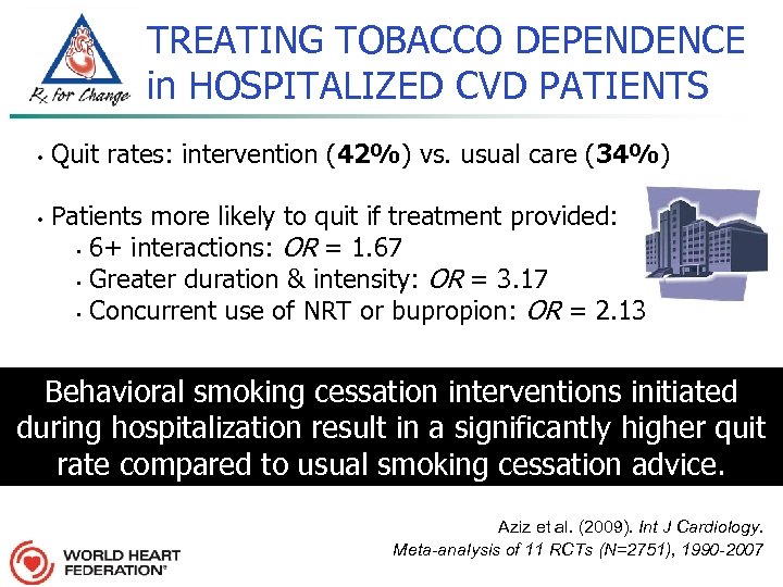 TREATING TOBACCO DEPENDENCE in HOSPITALIZED CVD PATIENTS • • Quit rates: intervention (42%) vs.