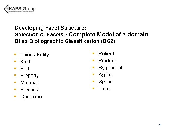 Developing Facet Structure: Selection of Facets - Complete Model of a domain Bliss Bibliographic