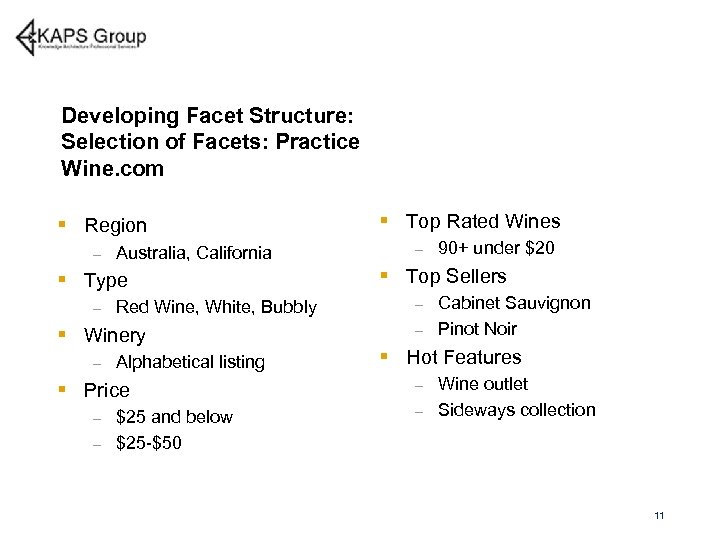Developing Facet Structure: Selection of Facets: Practice Wine. com § Region – Australia, California