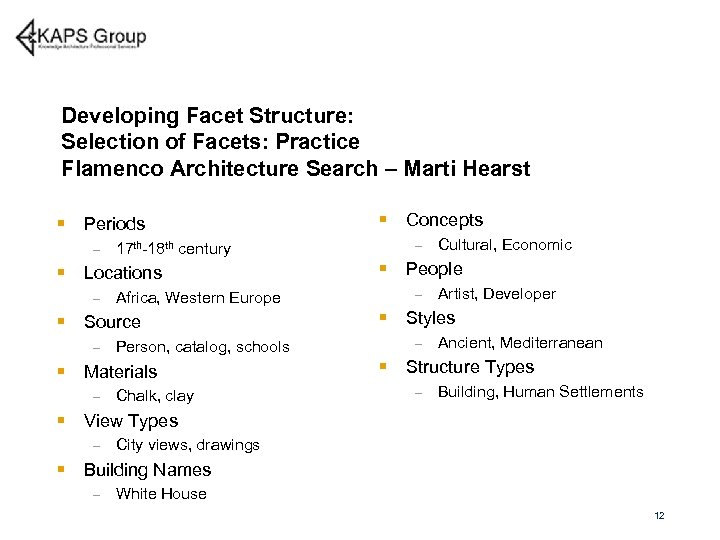 Developing Facet Structure: Selection of Facets: Practice Flamenco Architecture Search – Marti Hearst §