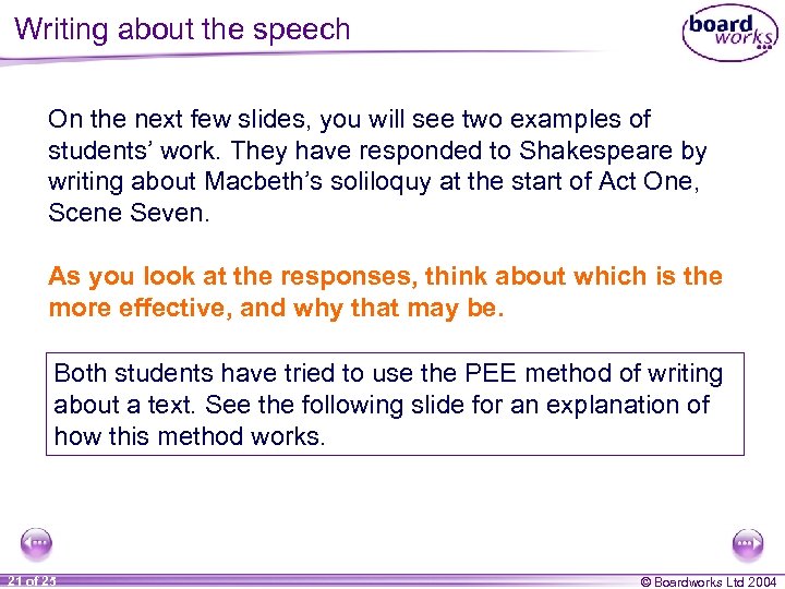 Writing about the speech On the next few slides, you will see two examples