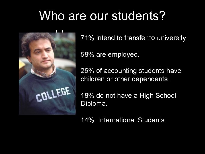 Who are our students? 71% intend to transfer to university. 58% are employed. 26%