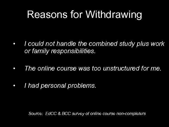 Reasons for Withdrawing • I could not handle the combined study plus work or