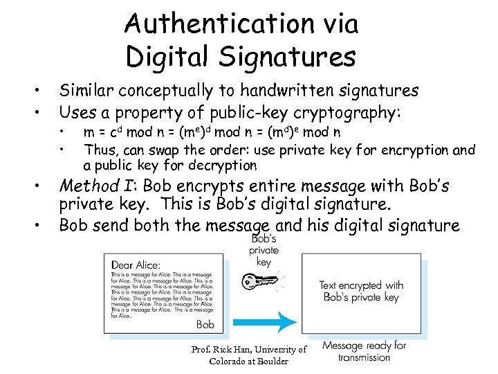 Authentication via Digital Signatures • • Similar conceptually to handwritten signatures Uses a property