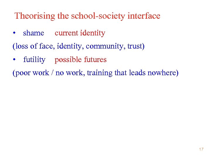 Theorising the school-society interface • shame current identity (loss of face, identity, community, trust)