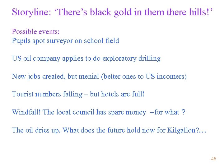 Storyline: ‘There’s black gold in them there hills!’ Possible events: Pupils spot surveyor on