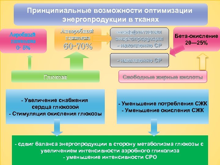 Принципиальные возможности оптимизации энергопродукции в тканях Аэробный гликолиз 0 - 5% Анаэробный гликолиз 60