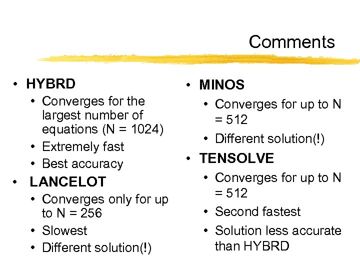 Comments • HYBRD • Converges for the largest number of equations (N = 1024)