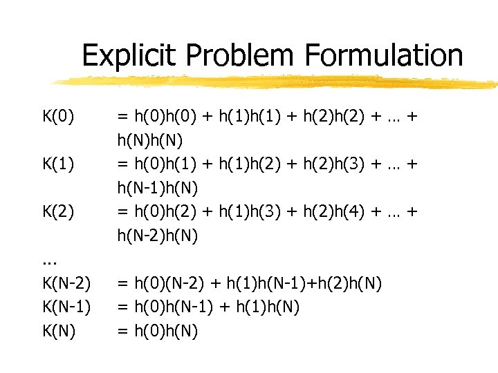 Explicit Problem Formulation K(0) K(1) K(2) . . . K(N-2) K(N-1) K(N) = h(0)