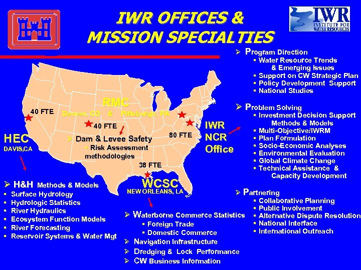 IWR OFFICES & MISSION SPECIALTIES Ø 40 FTE RMC Denver, CO & HEC DAVIS,