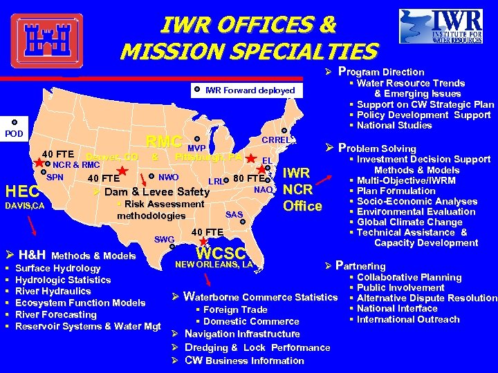 IWR OFFICES & MISSION SPECIALTIES Ø IWR Forward deployed POD 40 FTE HEC DAVIS,