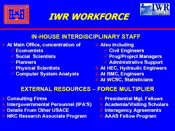 IWR WORKFORCE IN-HOUSE INTERDISCIPLINARY STAFF Ø At Main Office, concentration of ü Economists ü